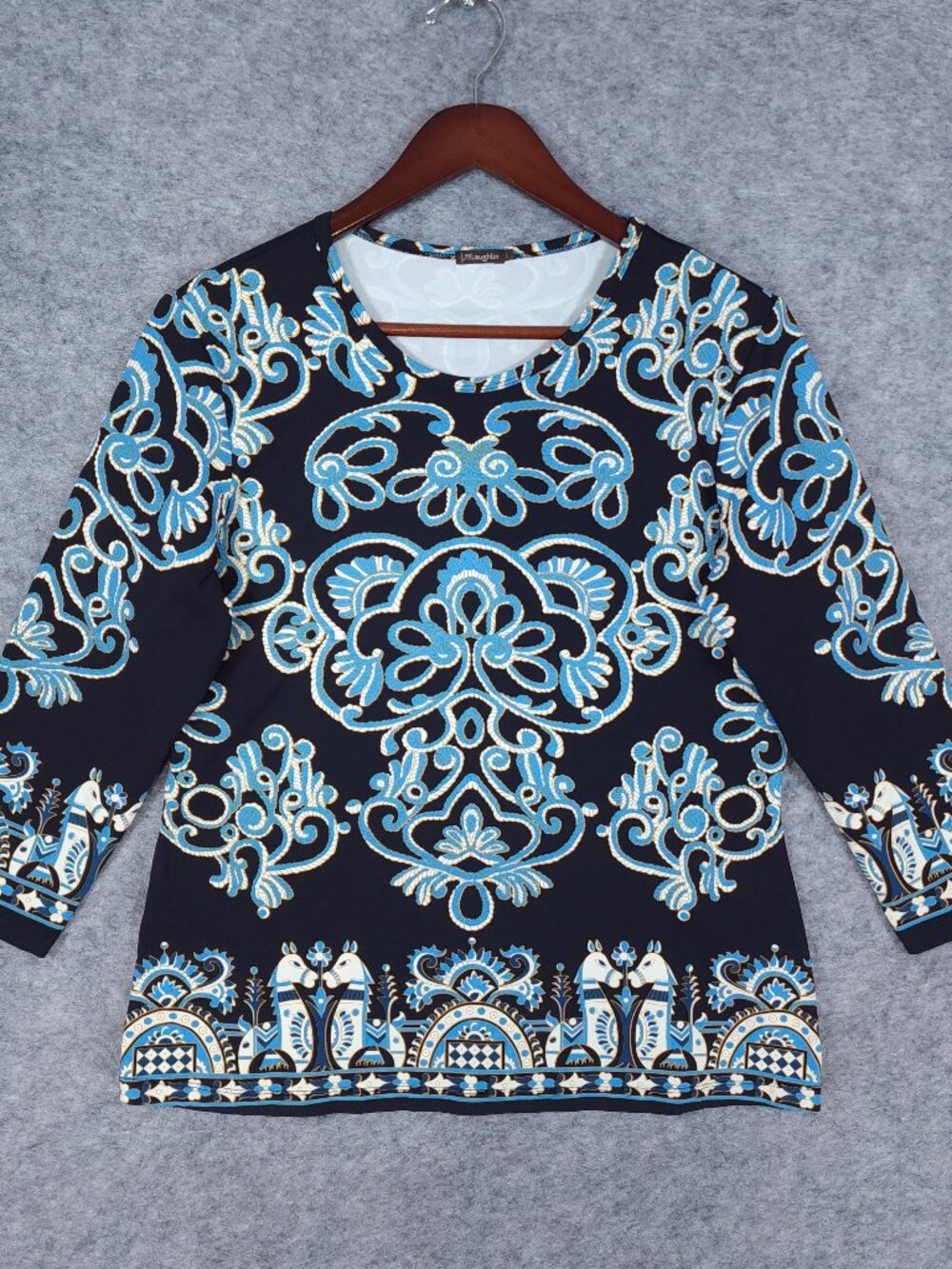 J McLaughlin Equestrian Horse Motif Catalina Cloth Top Large Blue Black Ornate